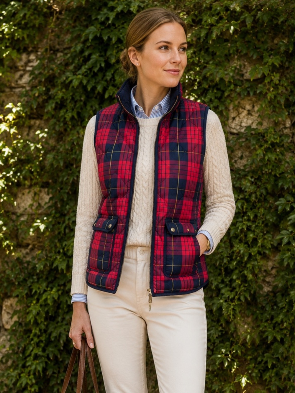 J. CREW Preppy Excursion Red and Blue Tartan Plaid Down Puffer Vest, XS